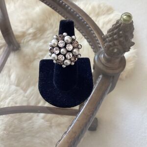 Stunning Cocktail Ring, Size 7, with Pearls, Smoky Quartz and Crystals
